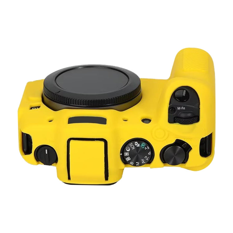 Yellow soft silicone protective case for Canon EOS R8 camera, showcasing its snug fit and durable design.